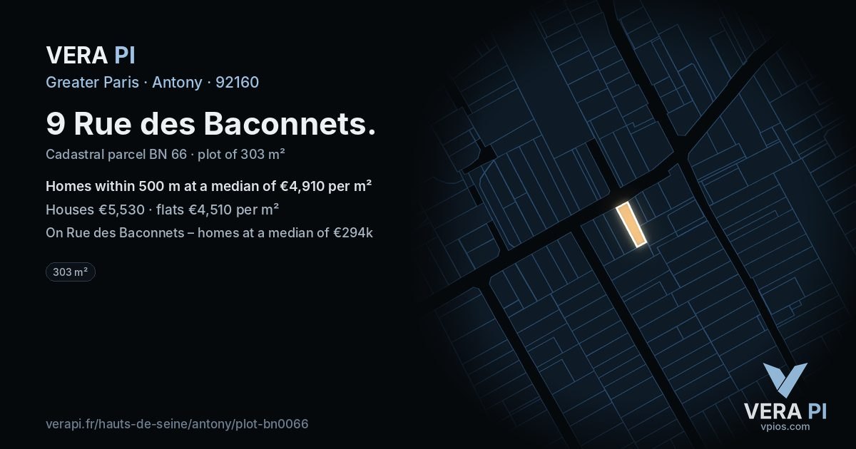 9 Rue des Baconnets, Antony at night – the plot lit, the parcels around coloured by the prices near them