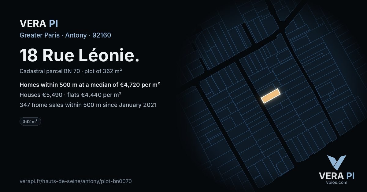 18 Rue Léonie, Antony at night – the plot lit, the parcels around coloured by the prices near them