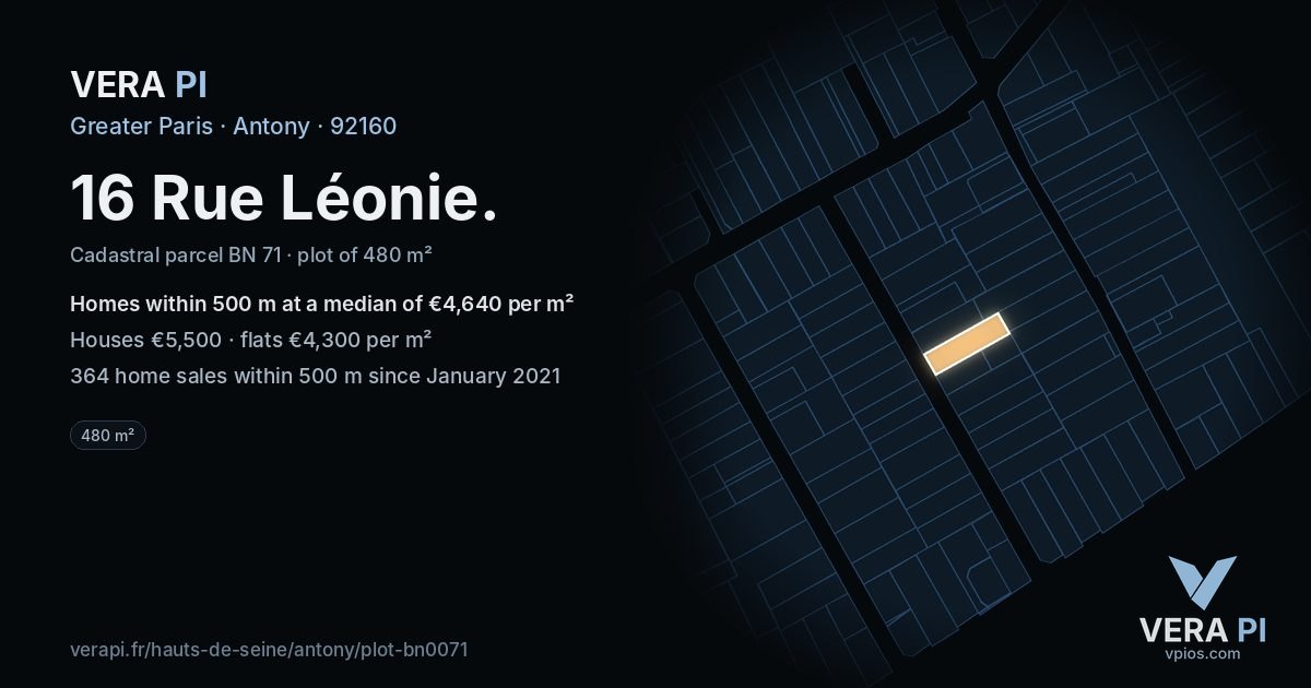 16 Rue Léonie, Antony at night – the plot lit, the parcels around coloured by the prices near them