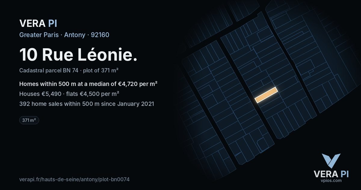 10 Rue Léonie, Antony at night – the plot lit, the parcels around coloured by the prices near them