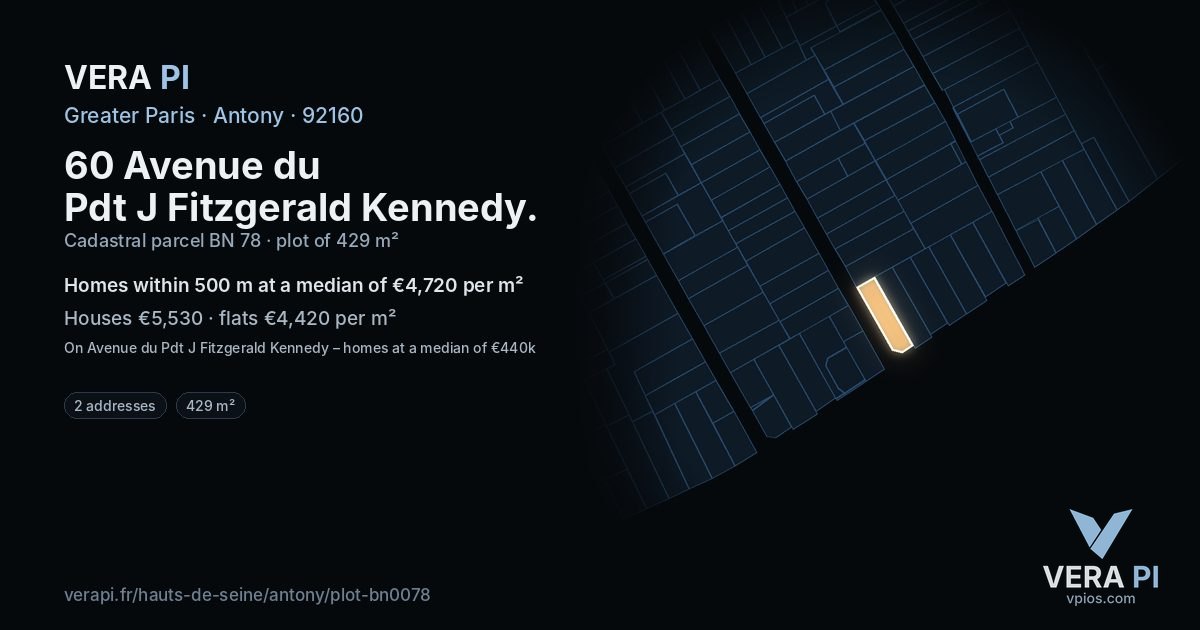 60 Avenue du Pdt J Fitzgerald Kennedy, Antony at night – the plot lit, the parcels around coloured by the prices near them