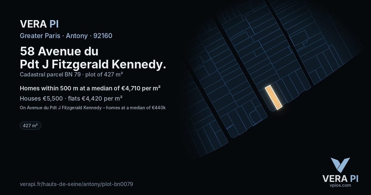 58 Avenue du Pdt J Fitzgerald Kennedy, Antony at night – the plot lit, the parcels around coloured by the prices near them