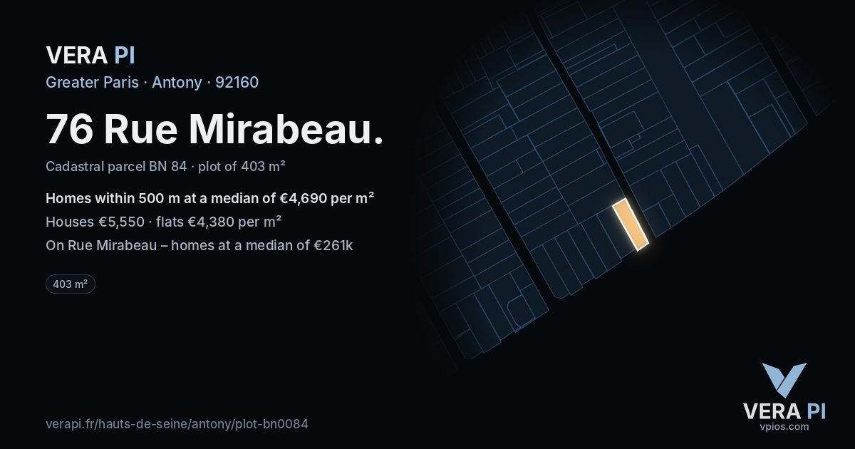76 Rue Mirabeau, Antony at night – the plot lit, the parcels around coloured by the prices near them