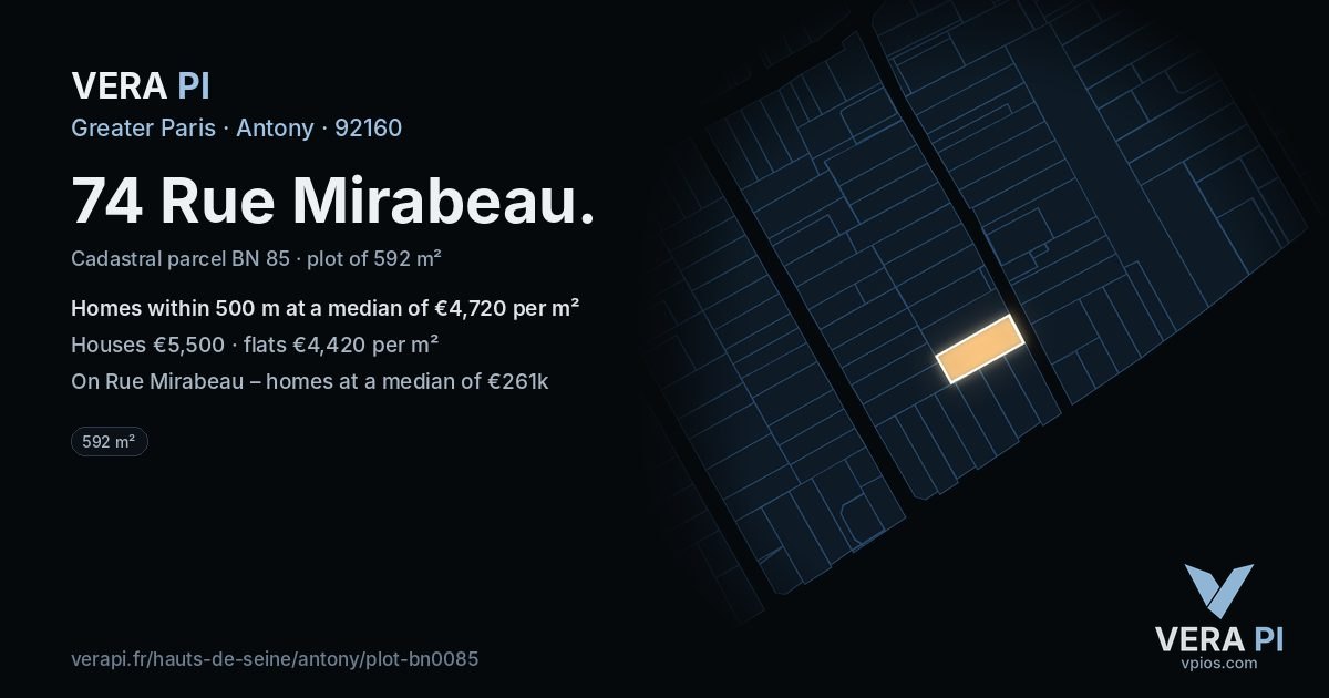 74 Rue Mirabeau, Antony at night – the plot lit, the parcels around coloured by the prices near them