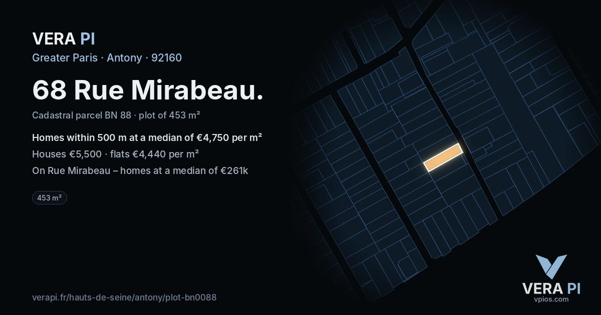 68 Rue Mirabeau, Antony at night – the plot lit, the parcels around coloured by the prices near them