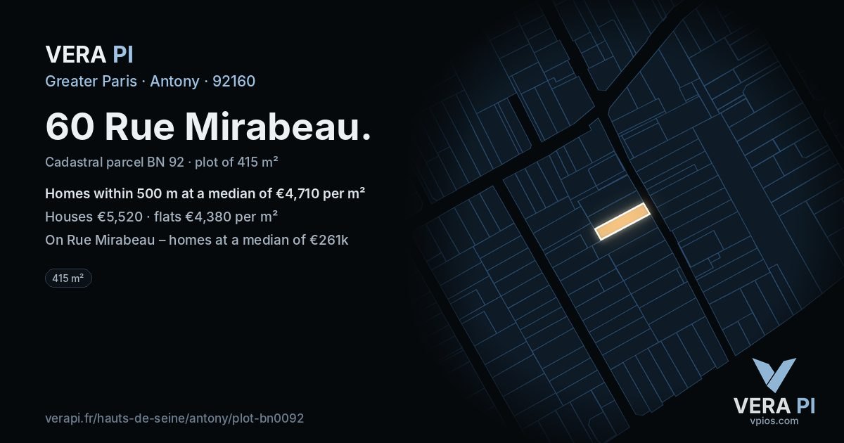 60 Rue Mirabeau, Antony at night – the plot lit, the parcels around coloured by the prices near them