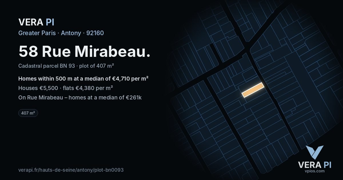 58 Rue Mirabeau, Antony at night – the plot lit, the parcels around coloured by the prices near them