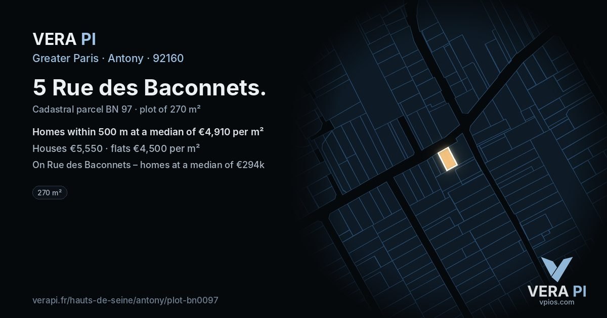 5 Rue des Baconnets, Antony at night – the plot lit, the parcels around coloured by the prices near them