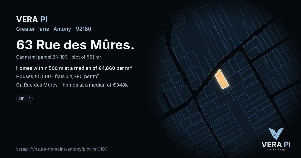 63 Rue des Mûres, Antony at night – the plot lit, the parcels around coloured by the prices near them