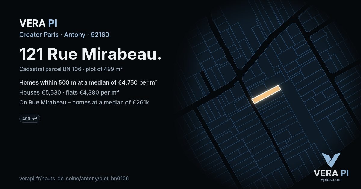121 Rue Mirabeau, Antony at night – the plot lit, the parcels around coloured by the prices near them