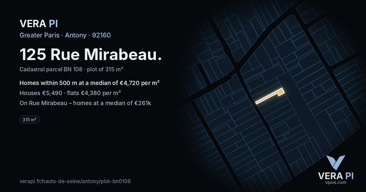 125 Rue Mirabeau, Antony at night – the plot lit, the parcels around coloured by the prices near them