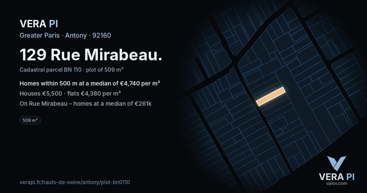 129 Rue Mirabeau, Antony at night – the plot lit, the parcels around coloured by the prices near them