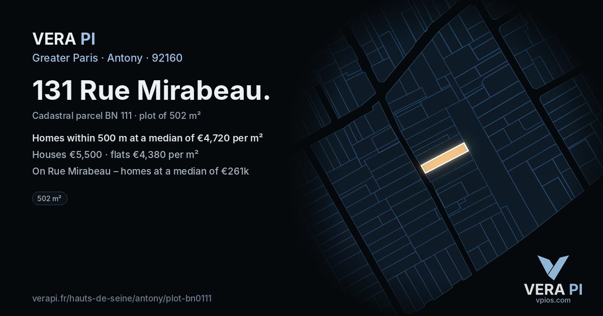131 Rue Mirabeau, Antony at night – the plot lit, the parcels around coloured by the prices near them