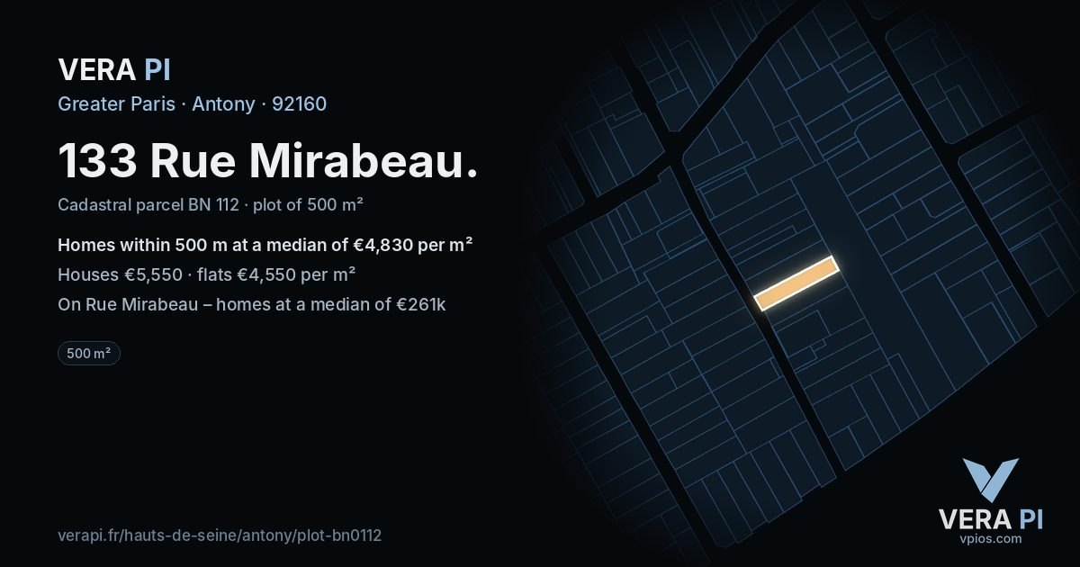 133 Rue Mirabeau, Antony at night – the plot lit, the parcels around coloured by the prices near them