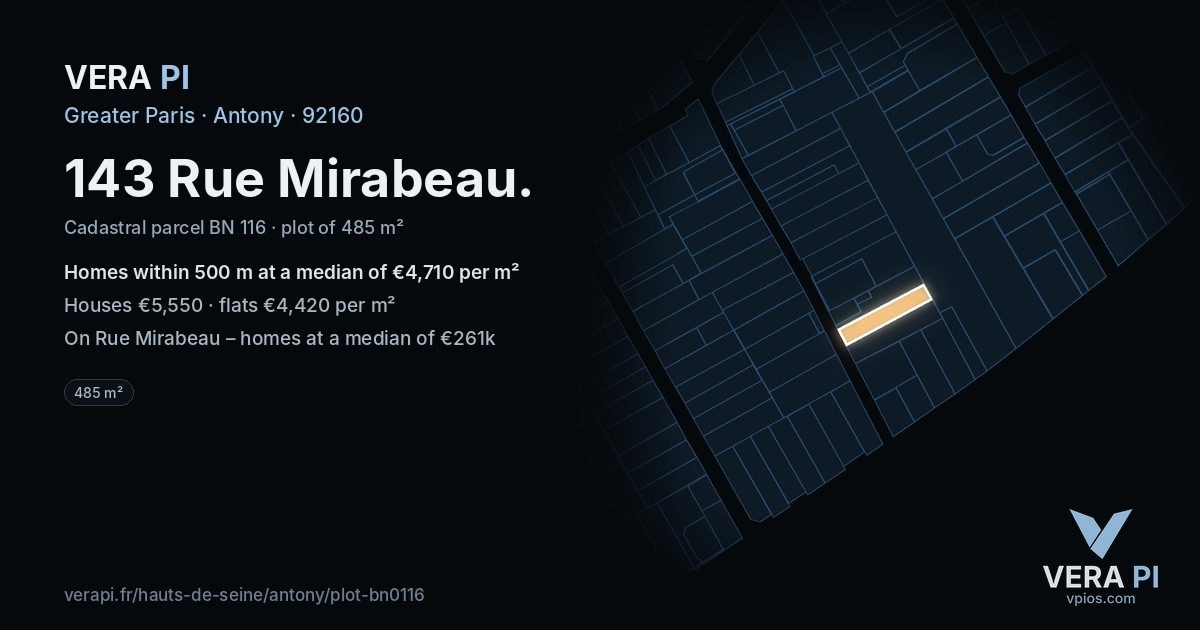 143 Rue Mirabeau, Antony at night – the plot lit, the parcels around coloured by the prices near them