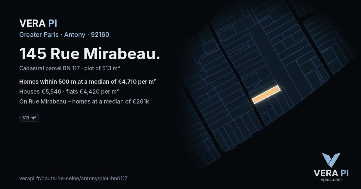 145 Rue Mirabeau, Antony at night – the plot lit, the parcels around coloured by the prices near them