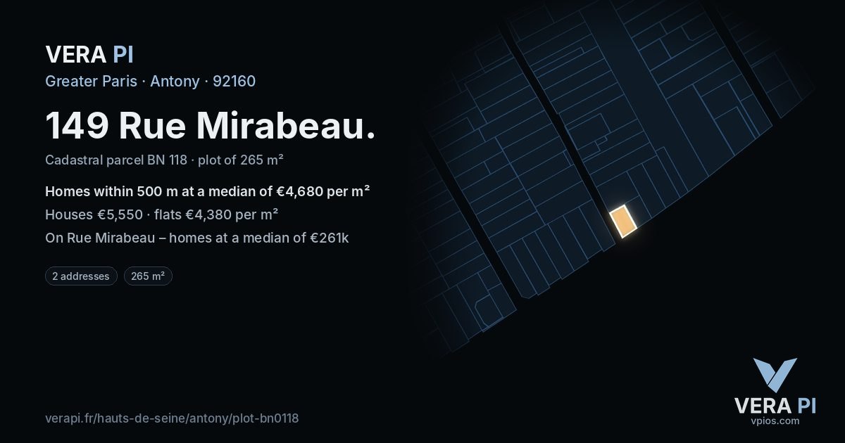 149 Rue Mirabeau, Antony at night – the plot lit, the parcels around coloured by the prices near them