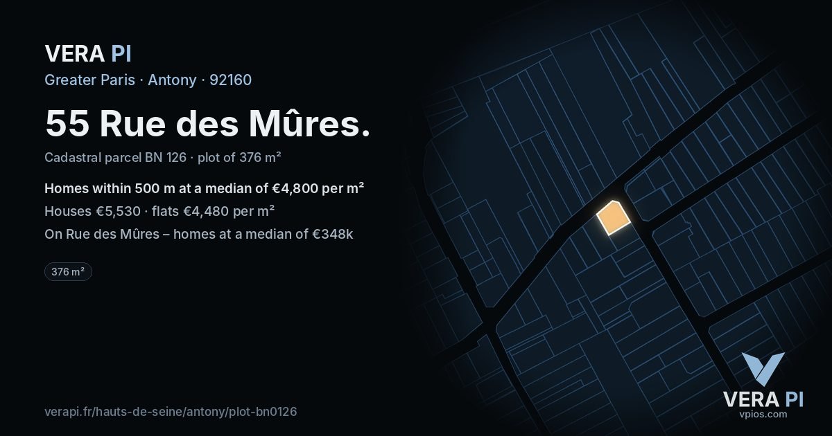 55 Rue des Mûres, Antony at night – the plot lit, the parcels around coloured by the prices near them