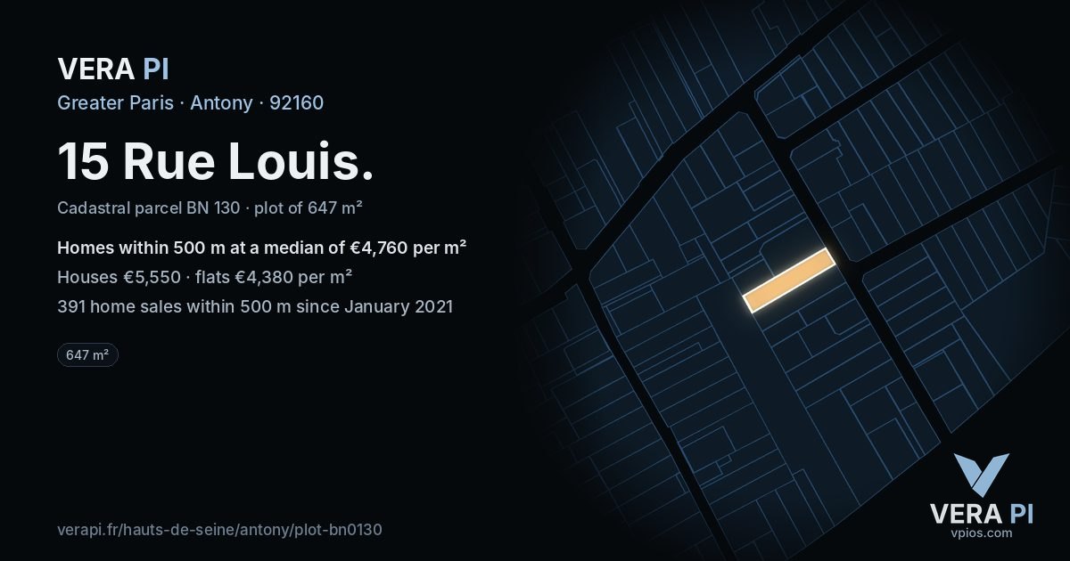 15 Rue Louis, Antony at night – the plot lit, the parcels around coloured by the prices near them