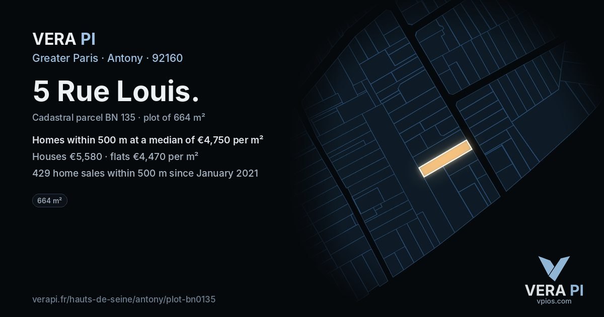 5 Rue Louis, Antony at night – the plot lit, the parcels around coloured by the prices near them