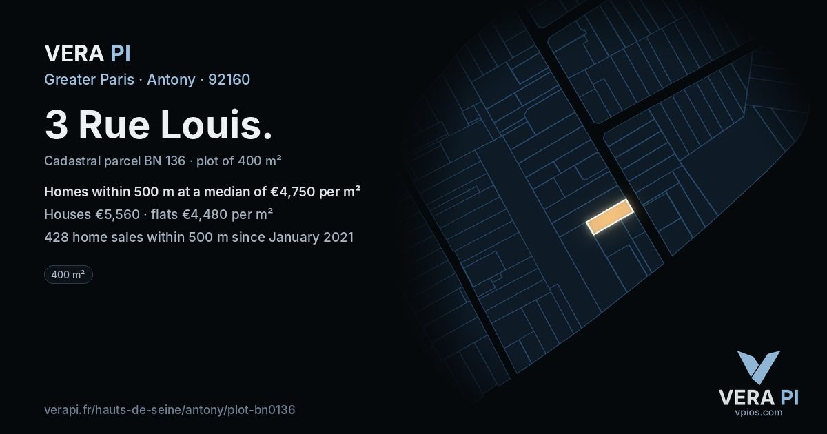 3 Rue Louis, Antony at night – the plot lit, the parcels around coloured by the prices near them