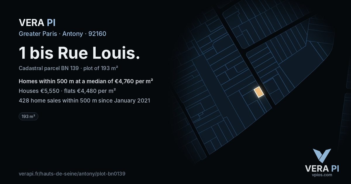 1 bis Rue Louis, Antony at night – the plot lit, the parcels around coloured by the prices near them