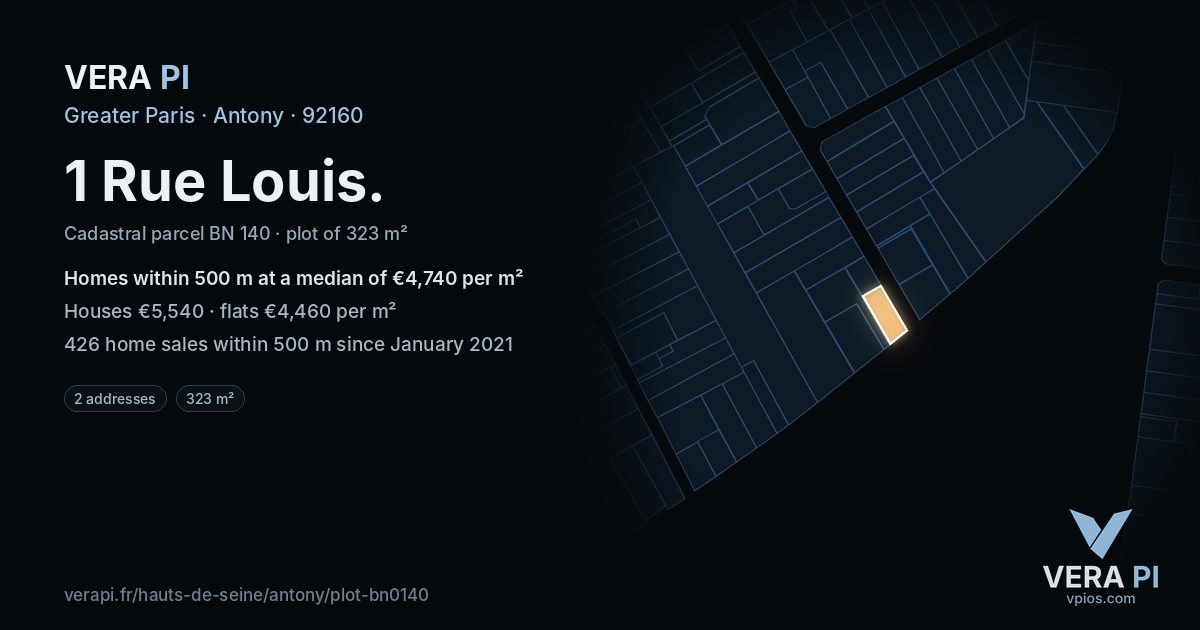 1 Rue Louis, Antony at night – the plot lit, the parcels around coloured by the prices near them