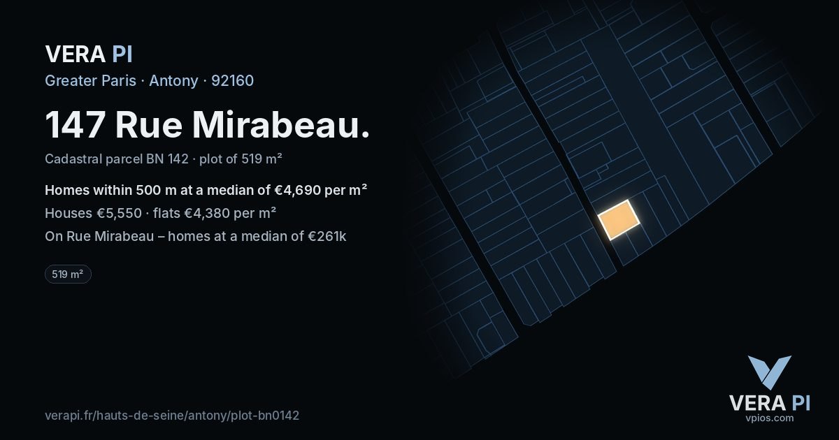 147 Rue Mirabeau, Antony at night – the plot lit, the parcels around coloured by the prices near them