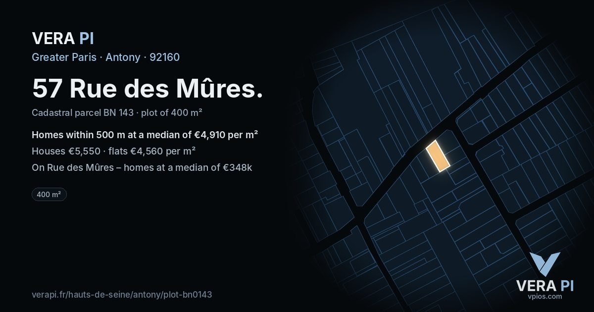 57 Rue des Mûres, Antony at night – the plot lit, the parcels around coloured by the prices near them