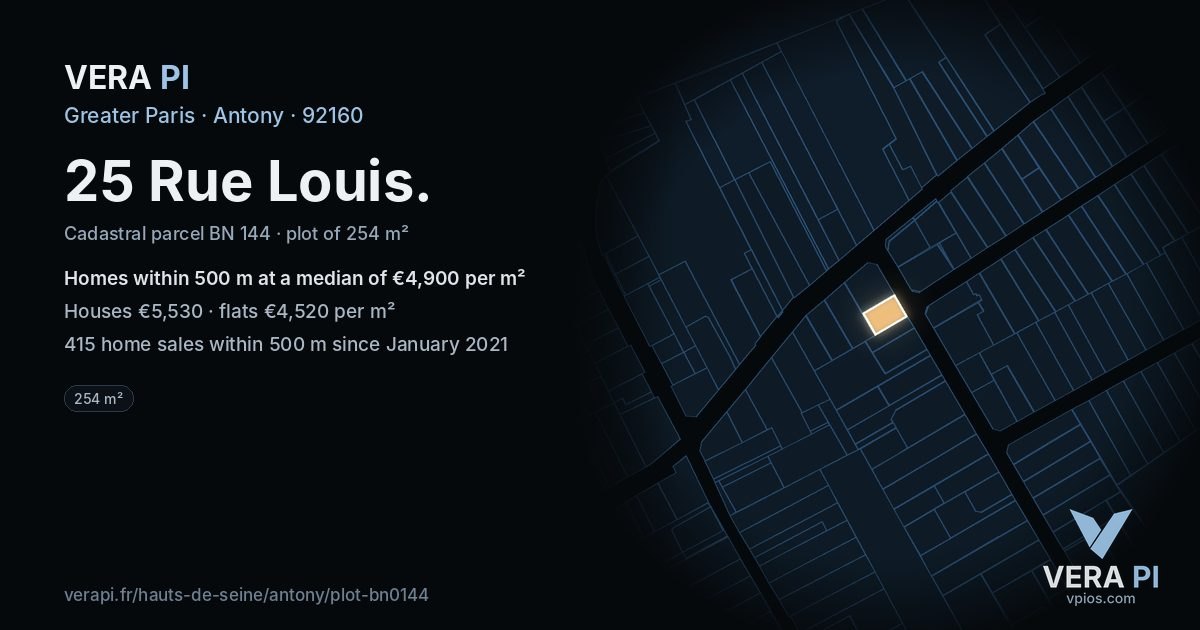 25 Rue Louis, Antony at night – the plot lit, the parcels around coloured by the prices near them