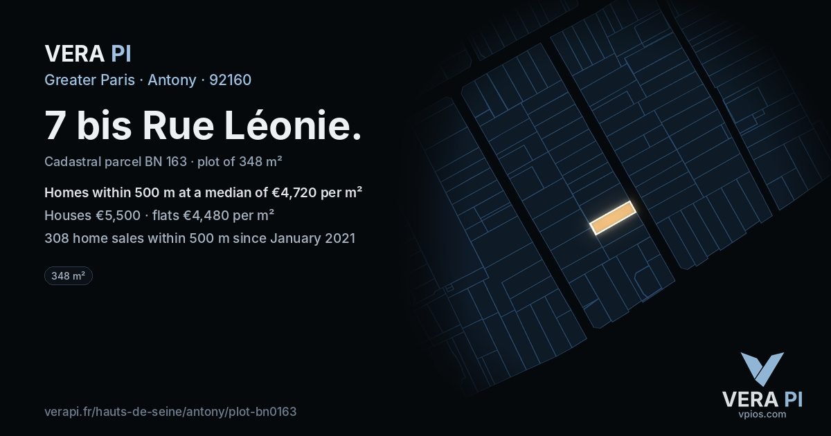 7 bis Rue Léonie, Antony at night – the plot lit, the parcels around coloured by the prices near them