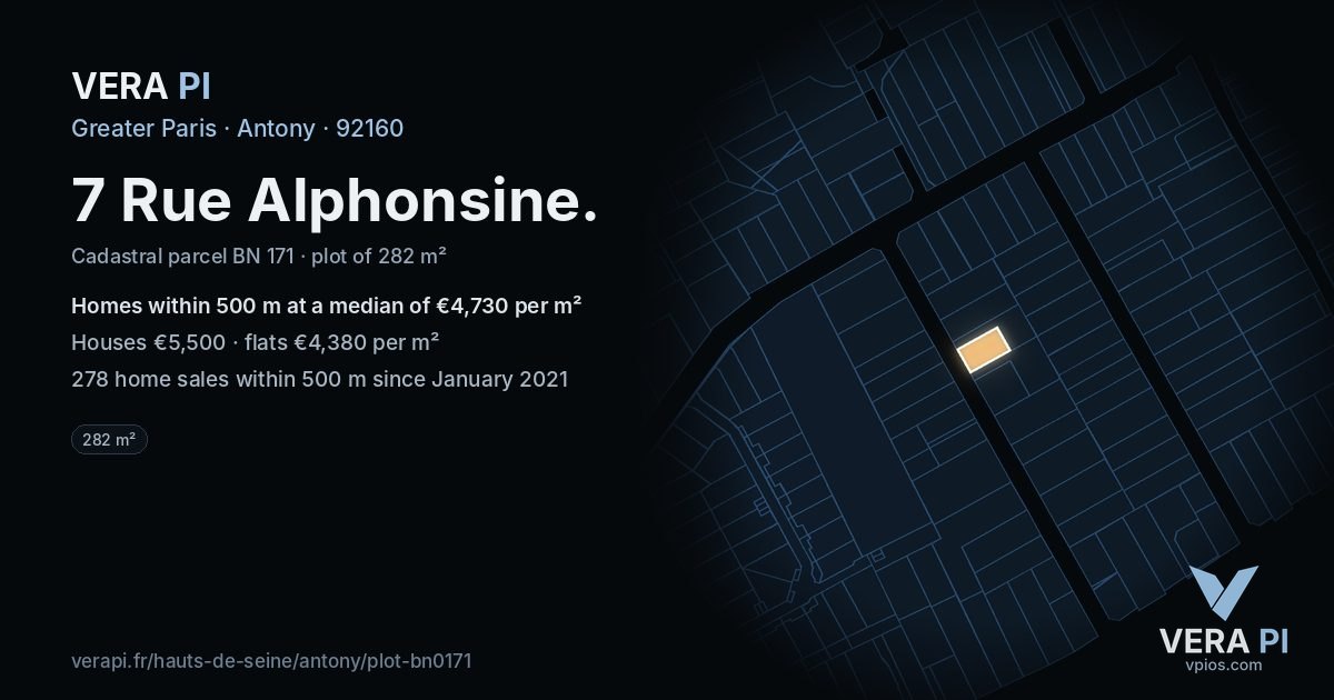 7 Rue Alphonsine, Antony at night – the plot lit, the parcels around coloured by the prices near them