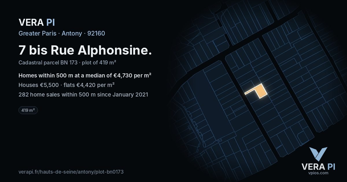 7 bis Rue Alphonsine, Antony at night – the plot lit, the parcels around coloured by the prices near them