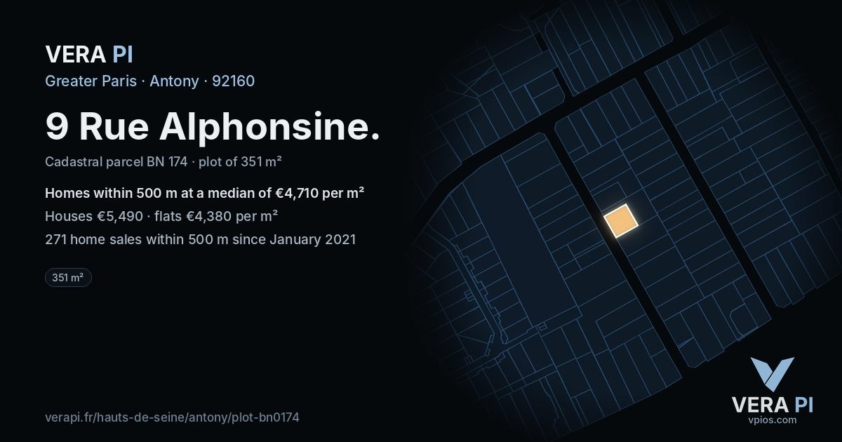 9 Rue Alphonsine, Antony at night – the plot lit, the parcels around coloured by the prices near them