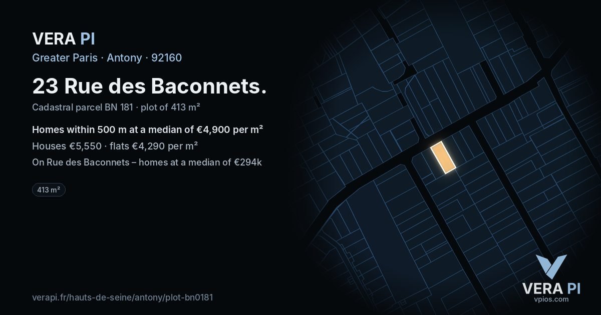 23 Rue des Baconnets, Antony at night – the plot lit, the parcels around coloured by the prices near them