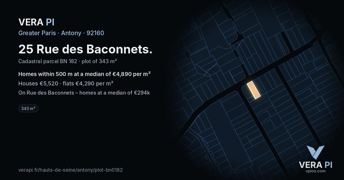 25 Rue des Baconnets, Antony at night – the plot lit, the parcels around coloured by the prices near them