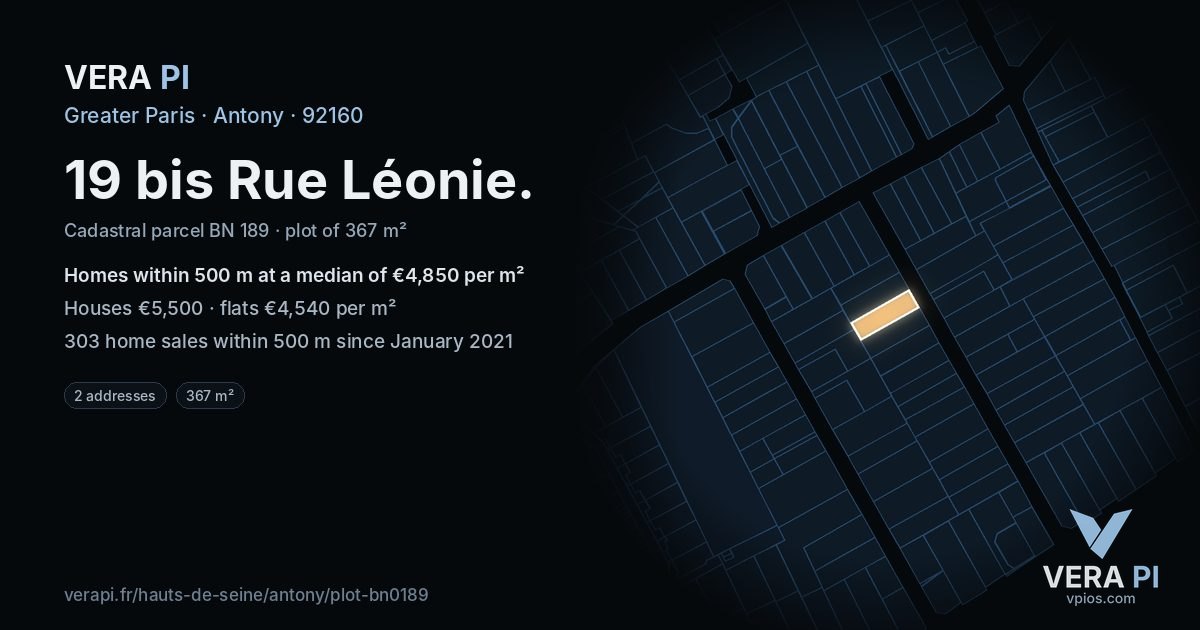 19 bis Rue Léonie, Antony at night – the plot lit, the parcels around coloured by the prices near them