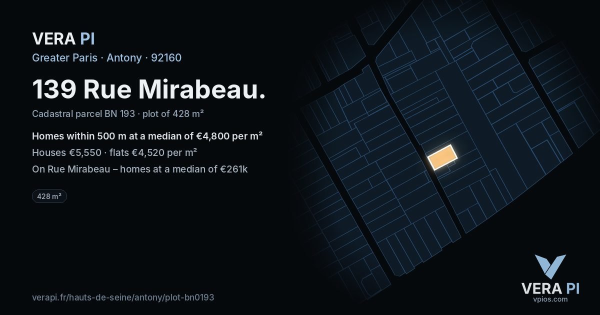 139 Rue Mirabeau, Antony at night – the plot lit, the parcels around coloured by the prices near them