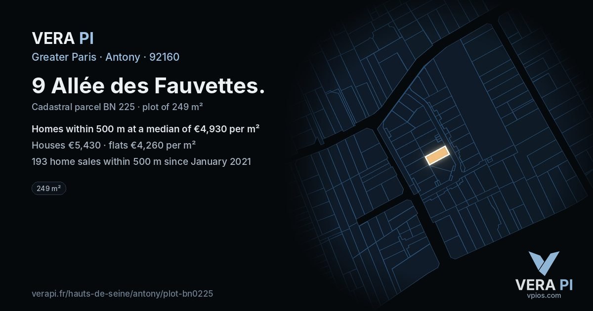 9 Allée des Fauvettes, Antony at night – the plot lit, the parcels around coloured by the prices near them
