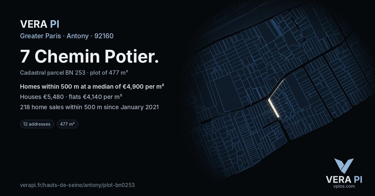 7 Chemin Potier, Antony at night – the plot lit, the parcels around coloured by the prices near them