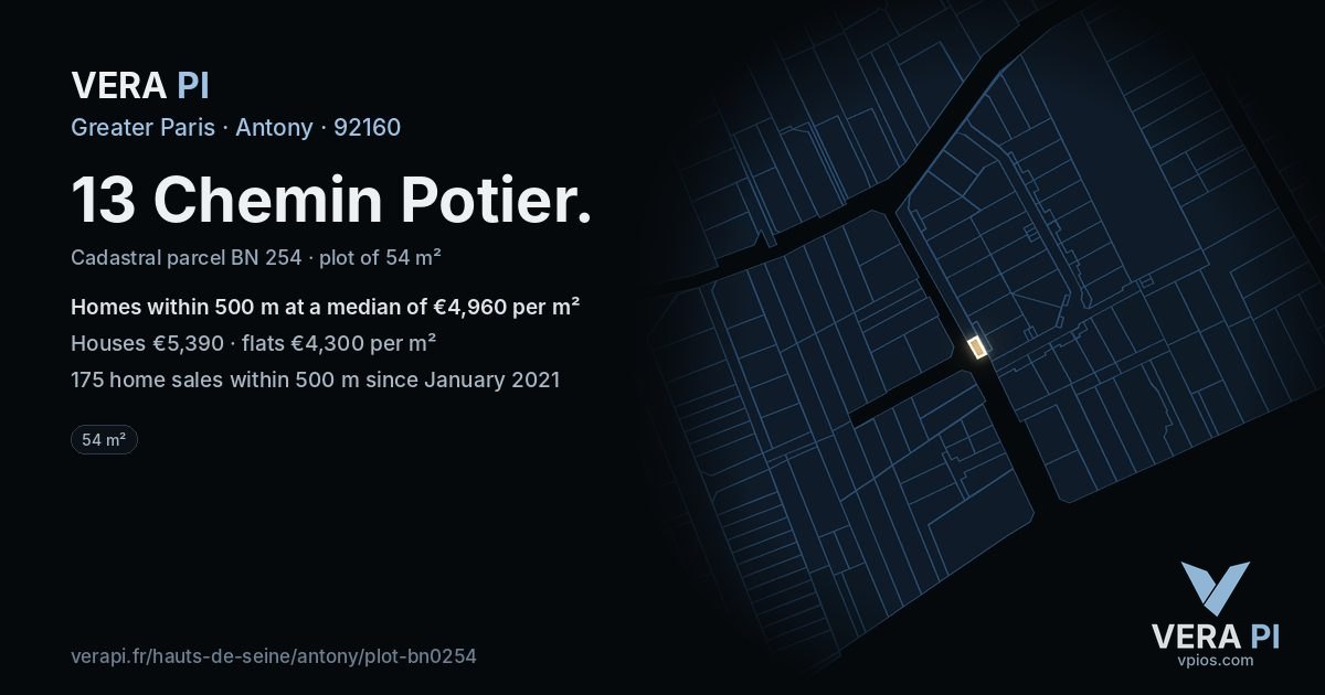 13 Chemin Potier, Antony at night – the plot lit, the parcels around coloured by the prices near them