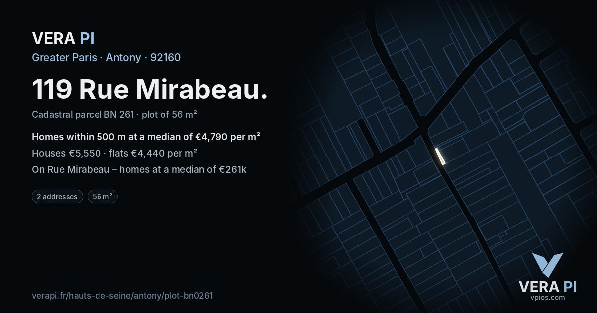 119 Rue Mirabeau, Antony at night – the plot lit, the parcels around coloured by the prices near them