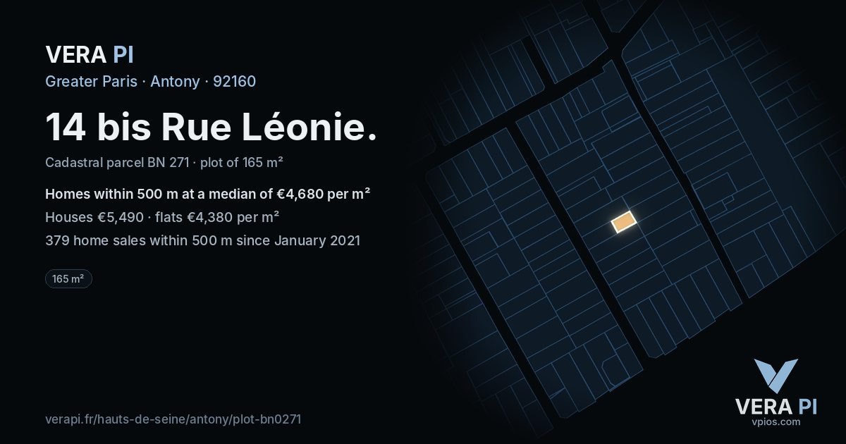 14 bis Rue Léonie, Antony at night – the plot lit, the parcels around coloured by the prices near them