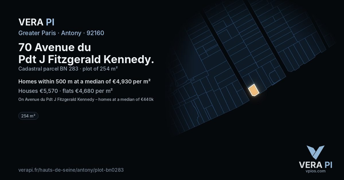 70 Avenue du Pdt J Fitzgerald Kennedy, Antony at night – the plot lit, the parcels around coloured by the prices near them