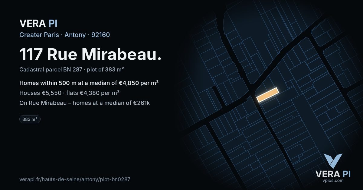 117 Rue Mirabeau, Antony at night – the plot lit, the parcels around coloured by the prices near them