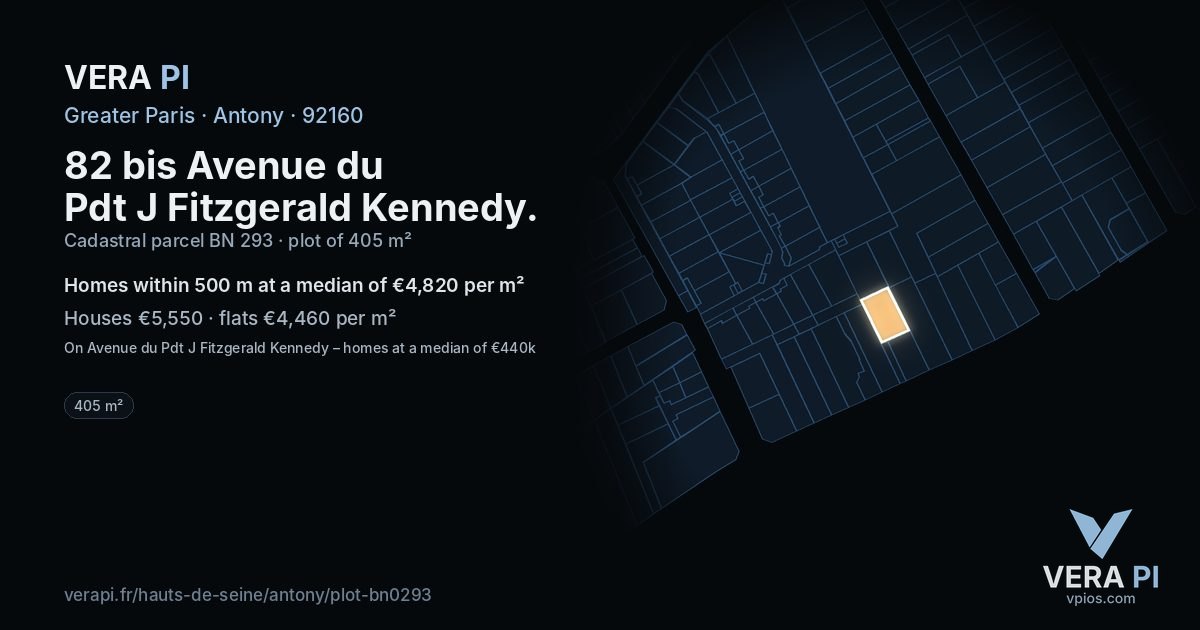 82 bis Avenue du Pdt J Fitzgerald Kennedy, Antony at night – the plot lit, the parcels around coloured by the prices near them
