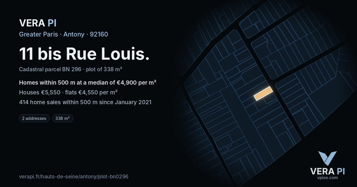11 bis Rue Louis, Antony at night – the plot lit, the parcels around coloured by the prices near them