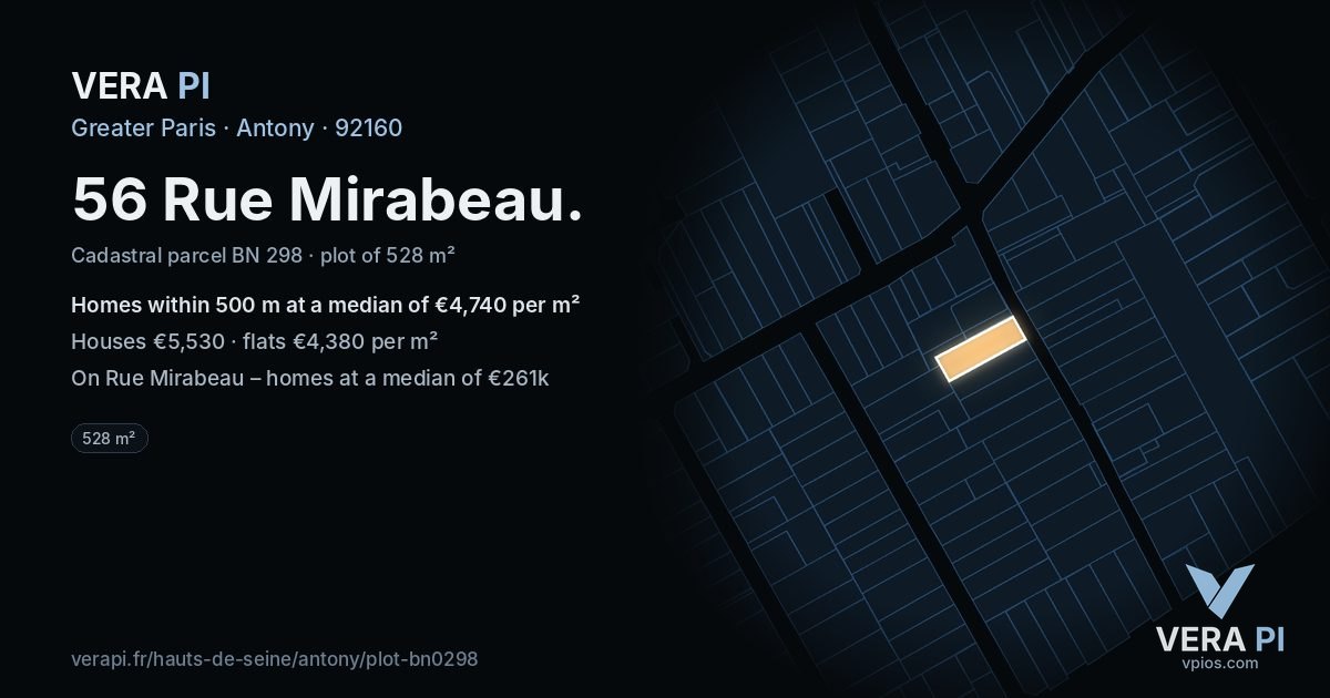 56 Rue Mirabeau, Antony at night – the plot lit, the parcels around coloured by the prices near them