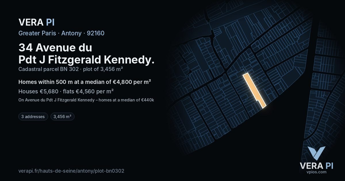 34 Avenue du Pdt J Fitzgerald Kennedy, Antony at night – the plot lit, the parcels around coloured by the prices near them