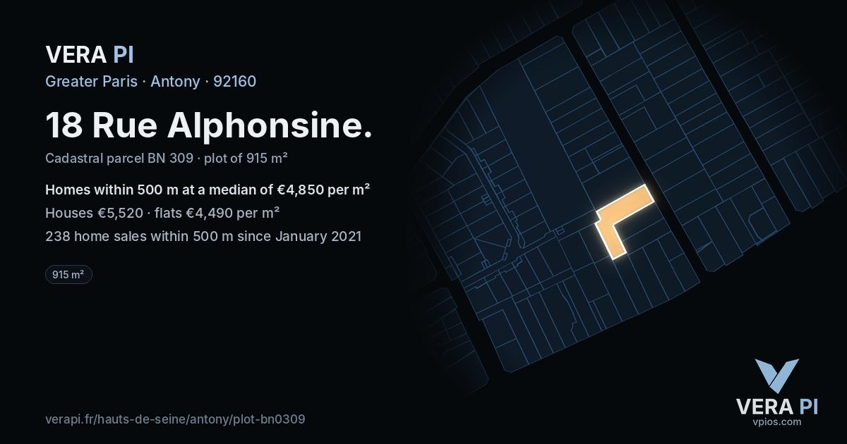18 Rue Alphonsine, Antony at night – the plot lit, the parcels around coloured by the prices near them